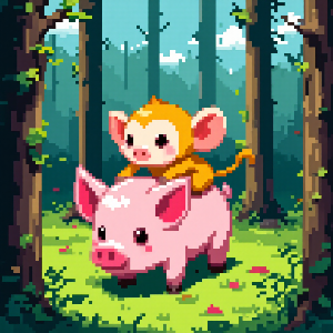 A monkey rides a pig on a forest adventure