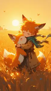 Two foxes embracing under the sunset