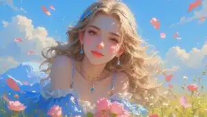 The blonde girl in the sea of flowers