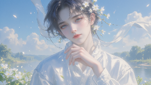 The boy with flowers in his hair