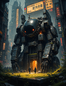 Cahaya dan bayangan kota di bawah robot yang rusak