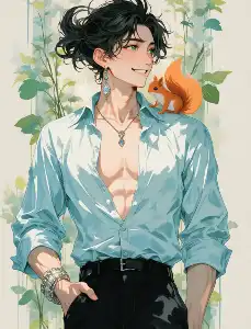Model carrying a squirrel on the shoulder