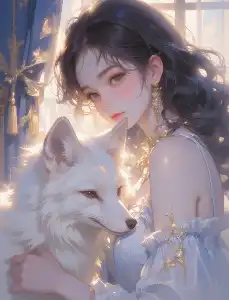 The white fox girl in front of the window
