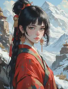 A Tibetan girl in the snow mountains