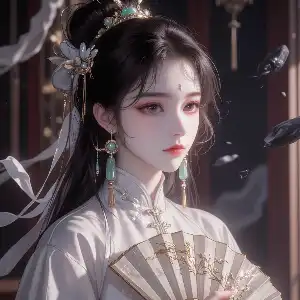 A young lady holding a folding fan