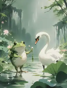 A frog presents flowers to a swan