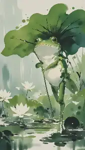 A frog using a lotus leaf as an umbrella in the rain