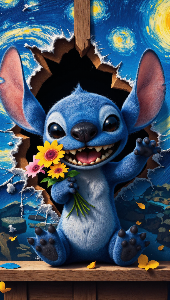 Stitch holding a bouquet of flowers
